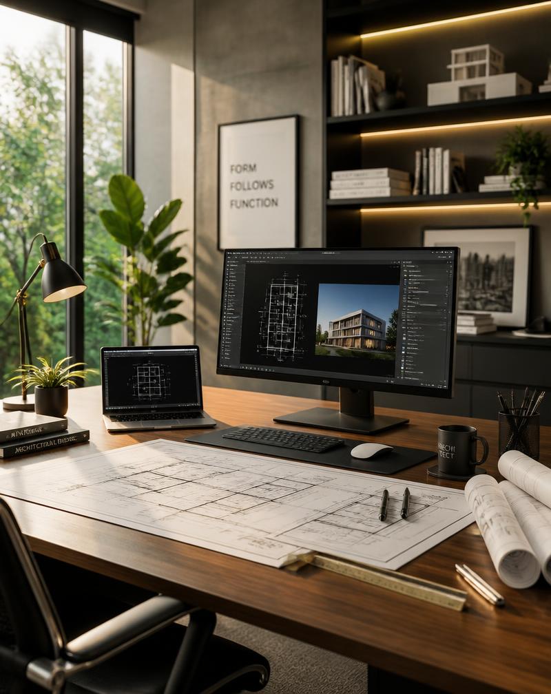 LocalLift Digital modern workspace with architectural blueprints and high-end design tools